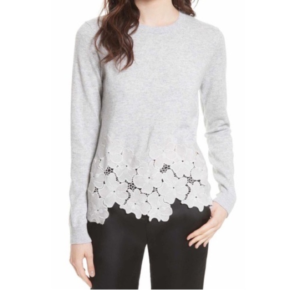 TED BAKER Jayya Gray Color Block Wool Cashmere Lace Inset Crewneck Sweater 1/XS